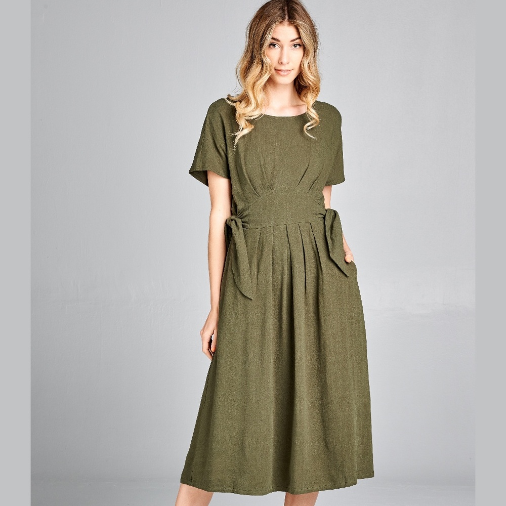 Dusty Olive Linen Blend Side Tie Midi Dress
